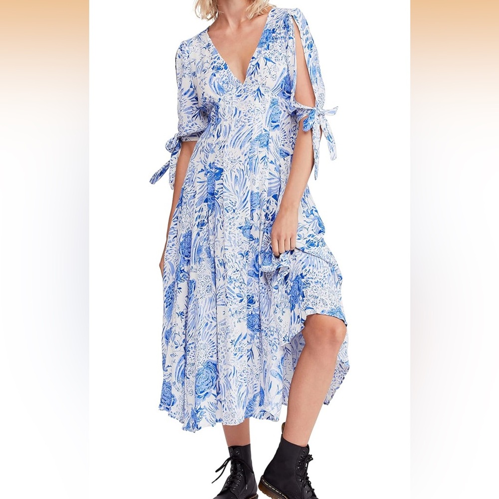 Free People Blue White Floral V-Neck Midi Dress with Tie Sleeves